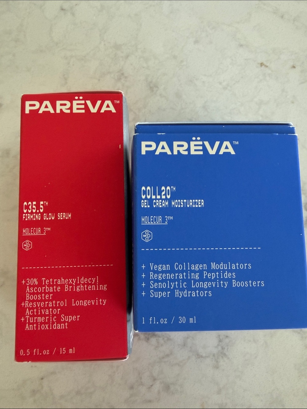 PAREVA Coll20 Gel Cream Moisturizer & C35.5 firming glow serum -